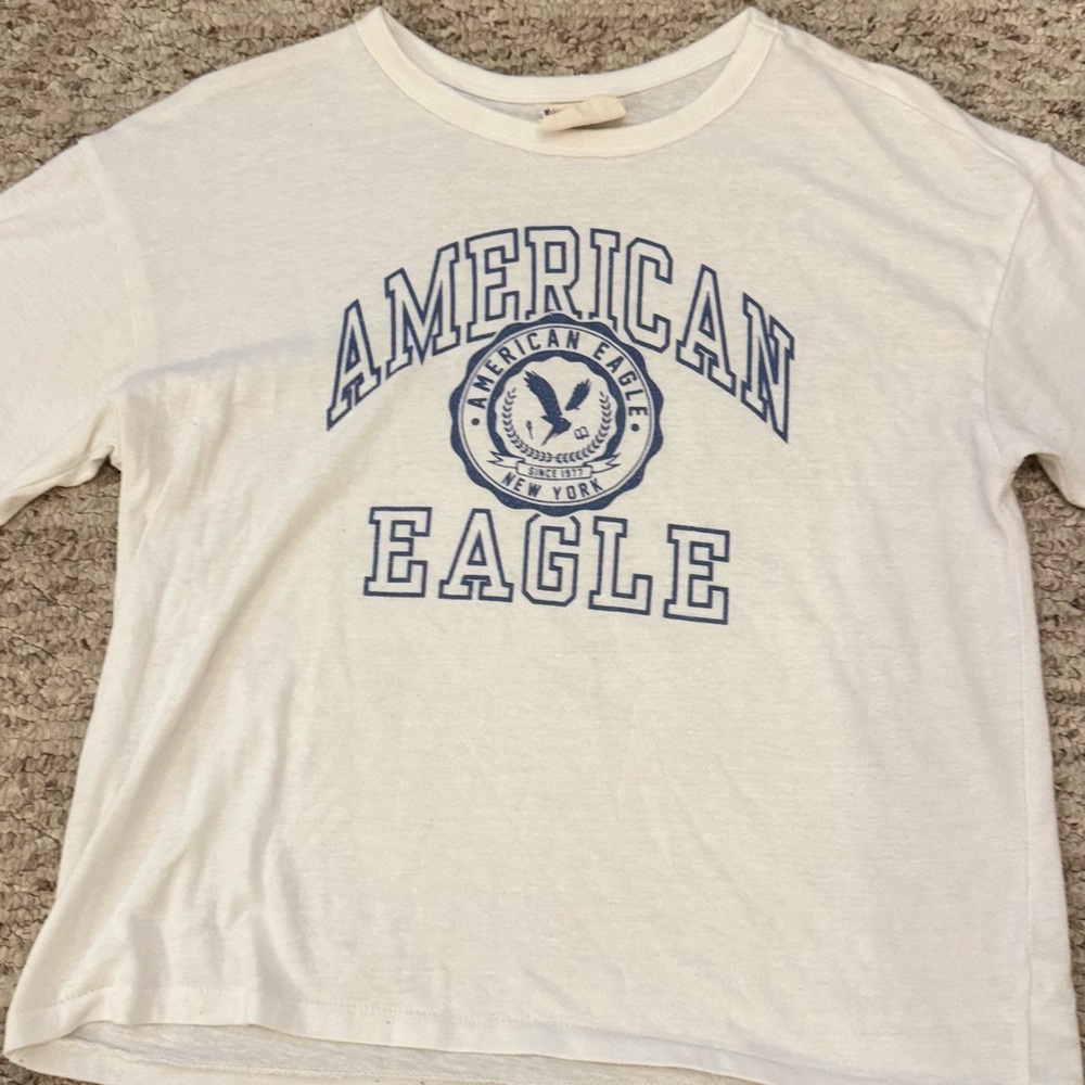 American Eagle White Tee with Blue Accents
